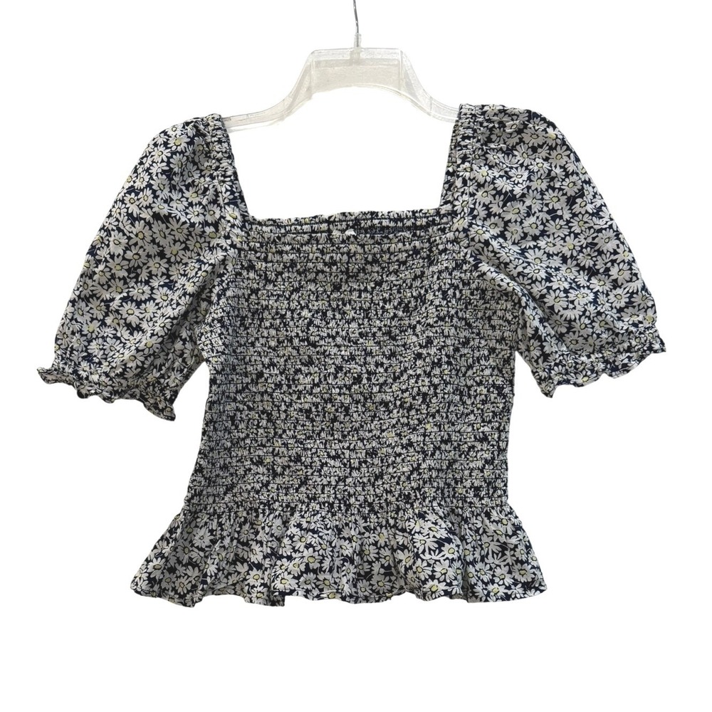 J.Crew Smocked Peplum Top Women's XS Navy Blue Daisy Floral Puff Sleeve Blouse - Picture 6 of 9